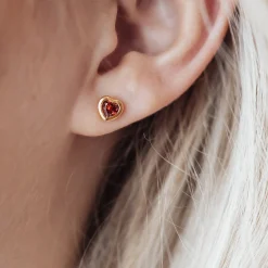 Garnet Hearts, studs, goldpl silver