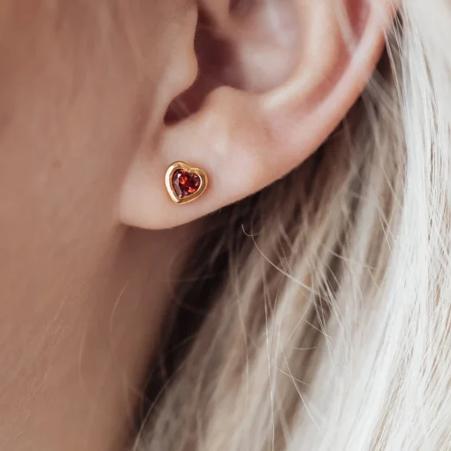 Garnet Hearts, studs, goldpl silver