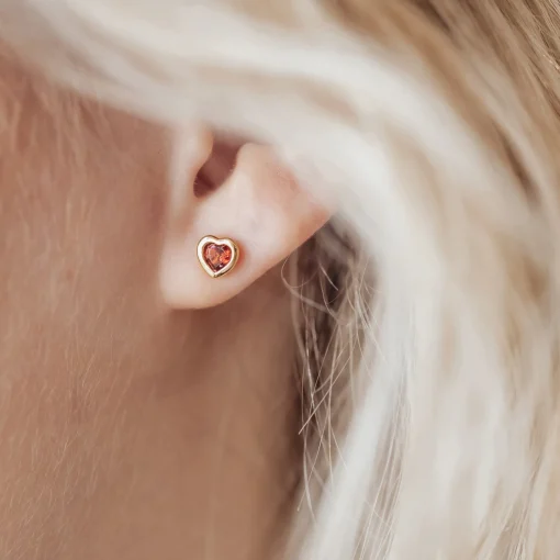 Garnet Hearts, studs, goldpl silver