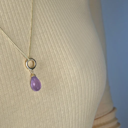 Halskæde m Lilla Amethyst drop forgyldt