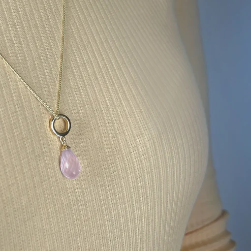 Halskæde m Rosa Quartz drop forgyldt